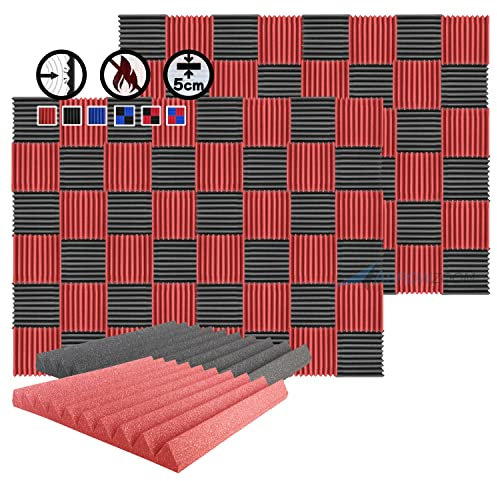 Arrowzoom 96 Piezas Acustico Absorción Sonido Wedge Cuña 50x50x5cm Espuma Acústica Aislamiento Acustico Estudio de Grabación Casas Estudios Azulejos Incombustibles Insonorizados AZ1134 NEGRO & ROJO