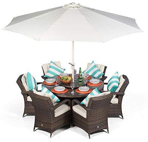 Arizona Round 6 Seater Brown Rattan Dining Set | Outdoor Rattan Garden Table & Chairs with Parasol, Base & Cover