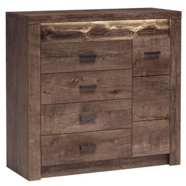 Mirjan24 Kommode Indiano I-17 mit 4 Schubladen, Anrichte, Highboard, Mehrzweckschrank, Wohnzimmer Schrank, Sideboard (Esche Dunkel, mit warmweißer LED-Beleuchtung)