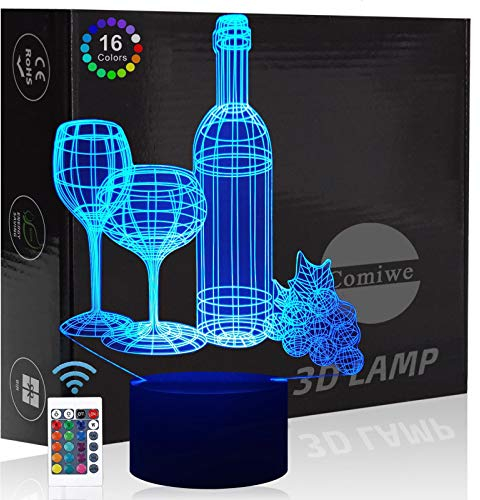 Comiwe Weinglas 3D Illusion Nachtlicht Spielzeug,Dekoration LED Nachttischlampe 16 Farben Ändern mit Fernbedienung,Weihnachten Deko Lampe Geburtstagsgeschenk Für Bar Esszimmer Familie und Freunde