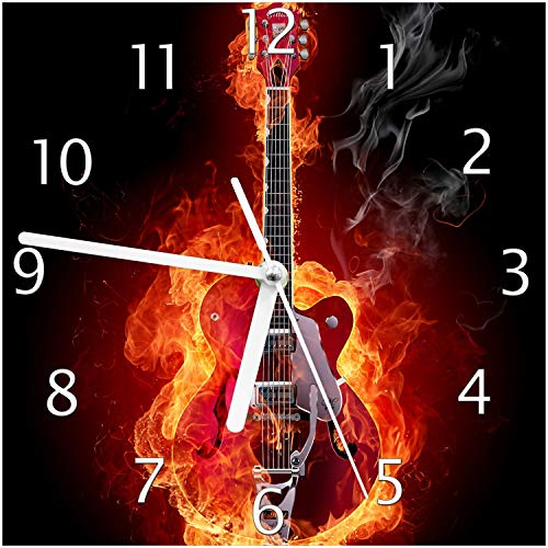Wallario Design-Wanduhr Brennende Gitarre aus Glas, Motiv-Uhr Größe 20 x 20 cm, weiße Zeiger