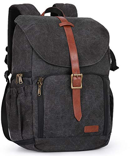 bagsmart Camera Backpack DSLR, Anti-thief Canvas Camera Bag Water Resistant Fit up to 15 Laptop with Rain Cover, Tripod Holder, Black
