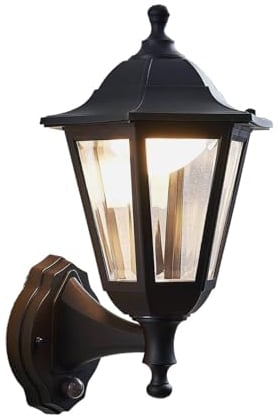 Lindby LED Wandleuchte außen Iavo mit Bewegungsmelder (spritzwassergeschützt (Retro, Vintage Antik) in Schwarz (1 flammig) - Wandlampe für Außenwand/Hauswand Haus Terrasse und