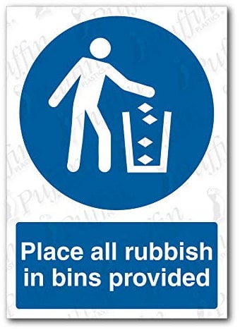 Place All Rubbish In Bins Provided Sign (Rigid Plastic, A3)