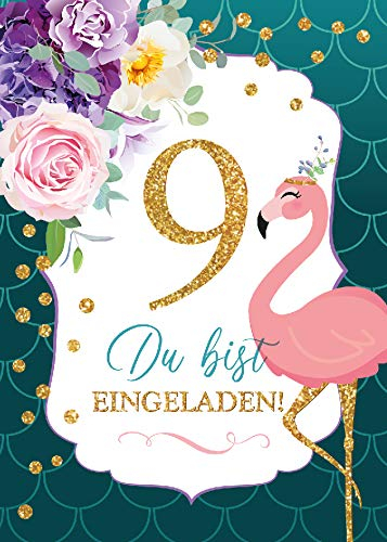JuNa-Experten 12 Einladungskarten zum 9. Kindergeburtstag – Flamingo-Motiv für Mädchen, Einladungen zum neunten Geburtstag, Geburtstagskarten für Kinder