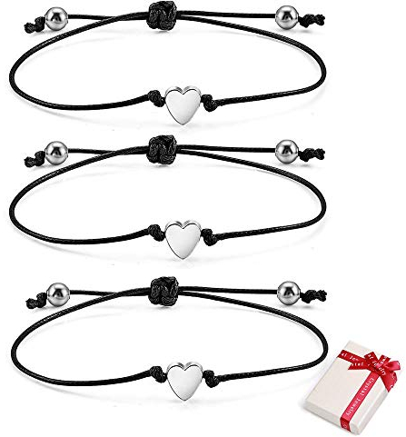 Feelairy 3 Stück Armband Damen Silber Freundschaftsarmband Herz Seil Armbänder, Verstellbar Schnur Armband Handgemacht Geflochten Armbänder Schmuck Geschenke für Beste Freundin Schwestern