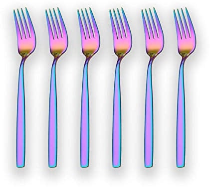 Berglander Rainbow Tea Fork, Stainless Steel Cake and Dessert Fork With Titanium Colorful Plating, 6.5 Inches, Pack of 6