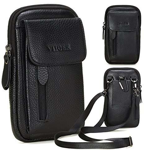 VIIGER Funda de piel para teléfono pequeño de viaje, bolso de teléfono, bolsa con cremallera, soporte para teléfono con clip para cinturón, compatible con iPhone 12 Pro Max XS Max, color negro