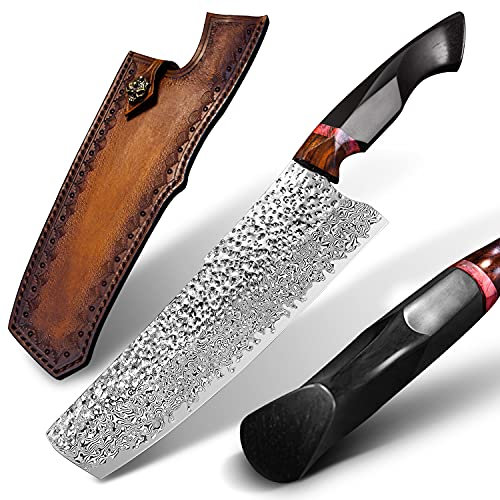 FZIZUO Cuchillo de chef Nakiri de 7.9 pulgadas, mango de ébano hecho a mano de hoja de acero de Damasco, cuchillo de cocina de estilo japonés con funda de cuero, cuchillos de cocina para cocina