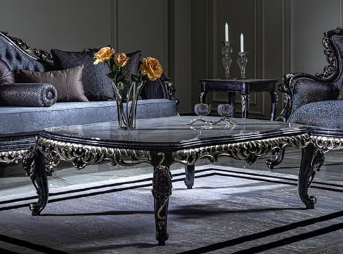 Casa Padrino Luxus Barock Couchtisch Weiß/Blau/Gold - Handgefertigter Massivholz Wohnzimmertisch im Barockstil - Prunkvolle Barock Wohnzimmer Möbel