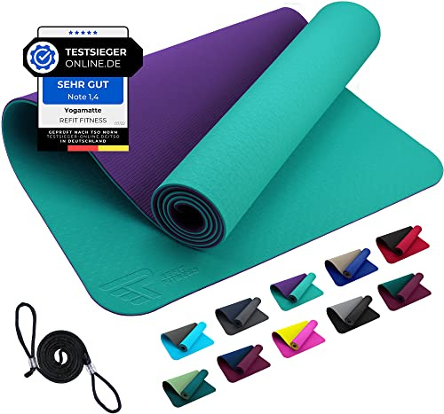 REFIT FITNESS Yoga Matte Perfect-Fit 183 x 61 x 0,6 cm Türkis Lila GeckoGrip Sensi-Plus TPE Yogamatte Rutschfest Schadstofffrei Tragegurt Sportmatte Fitnessmatte Gymnastik Sport Pilates