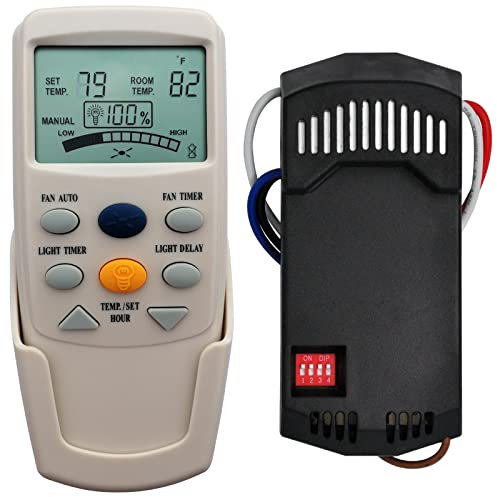 Universal Thermostatic Ceiling Fan Light Remote Control Kit, Replacement for Hampton Bay, Harbor Breeze, Hunter, w/Receiver, Timer, LCD Display Temp, 3-Speed, FAN-9T L3HFAN-9T, No Dimmer, No Reverse