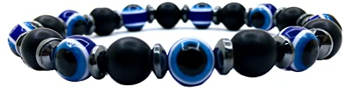 Naturstein Perlenarmband 8mm Kugelarmband mit Matt Schwarz Onyx, Nazar Boncuk Boese Auge perlen und Hämatitperlen Armband für Familie und Freunde, Damen und Herren