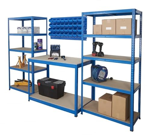 BIGDUG Workshop Shelving, Workbench & x36 Parts Bins Storage - x2 Garage Shelves 178cm x 90cm x 45cm - 265kg Load Per Level - Workbench: 90cm x 120cm x 60cm - 300kg Load Per Level - Blue