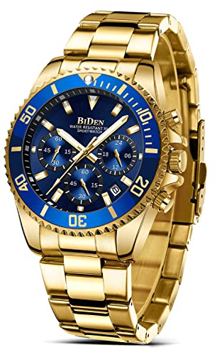 HANPOSH Herren Chronograph Armbanduhr - Edelstahl Wasserdicht Quarz Uhr mit Datum - Business Casual für Männer (A07-Gold Blau)