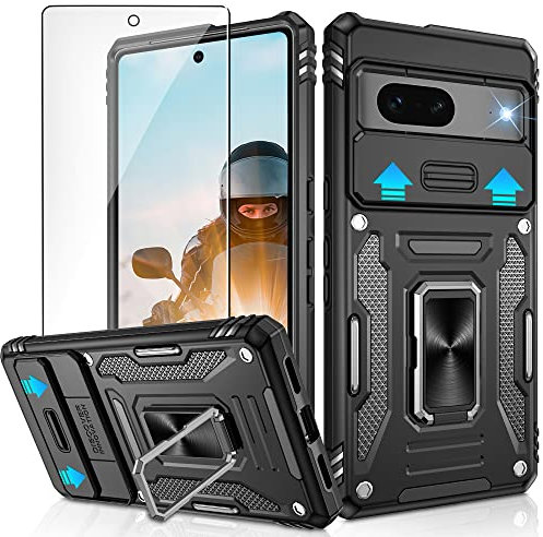 Jshru for Google Pixel 7 Case with [Upgraded] Slide Camera Cover,Military Grade Shockproof Case with Ring Kickstand, Anti-Scratch Armour Phone Cover for Google Pixel 7,Black