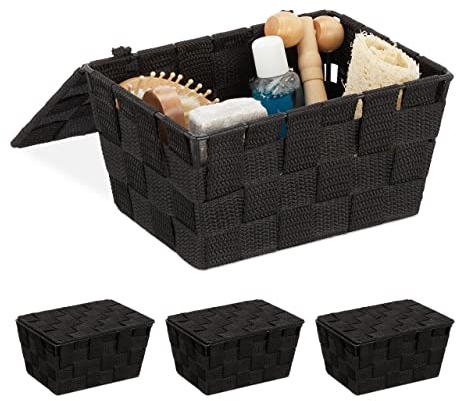 Relaxdays 2 x Aufbewahrungskorb mit Deckel, Flechtoptik, Bad Organizer, HxBxT: 10,5 x 19,5 x 14,5 cm, Kunststoff, schwarz