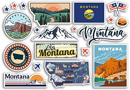 A5 Aufkleberbogen Montana Sehenswürdigkeiten Vinyl Aufkleber – Amerika Staaten USA Amerikanische Flughafen Briefmarken Skyline Flagge Karte Reise Urlaub Scrapbooking Stadt Gepäck #79197