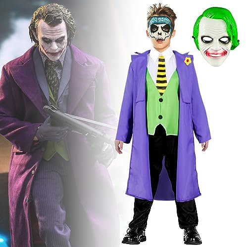 Halloween Costume Clown Malvagio Bambini: Giullone Pazzo Vestito Cosplay Carnevale Uniforme Cattiva Viola Gotico Giacca Camicia Pantaloni Set Completo Abito da Horror Frac Feste a Tema (L,8-12 anni)