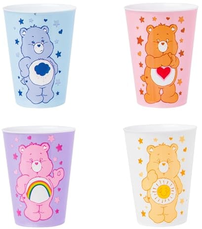 Silver Buffalo Care Bears mit Mürrischem Bär, zartem Herzbär, Cheer Bear, und Funshine Bear, 4 Stück, Kunststoff-Mini-Becher-Set, 42,5 ml