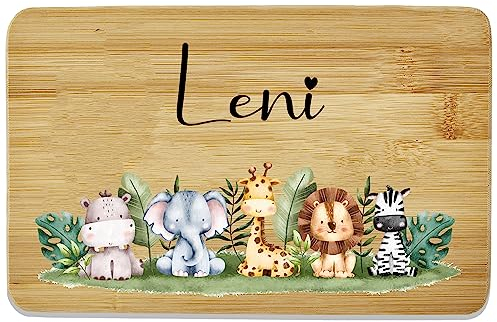 Bl4ckPrint Kinder Frühstücksbrettchen personalisierbar mit Name - Jausenbrett mit Gravur - Frühstücksbrettchen Kinder - Individuelles Holzbrettchen mit niedlichem Tiermotiv & Namen