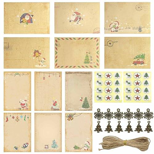 ZJRung Weihnachtskarten Set mit 12 Stück Vintage-Umschlagpapier mit Jutegarn und Kleinen Weihnachtsaccessoires, um Familie, Freunde und Kollegen zu Segnen