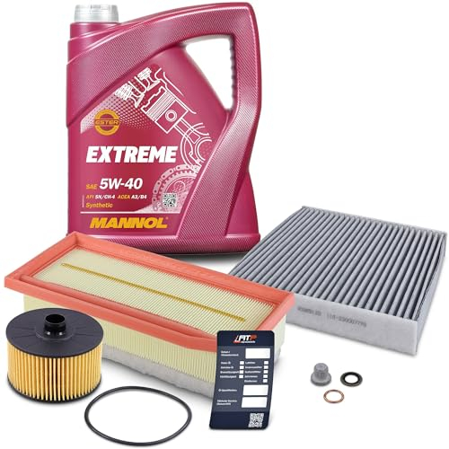 BESTPRICE Inspektionspaket Filterset mit 1x Ölfilter; 1x Innenraumfilter (Aktivkohle); 1x Luftfilter; 5l Motoröl 5W-40 MANNOL EXTREME; 1x Ölablassschraube; 1x Ölwechselanhänger