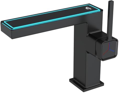 Weirun Rubinetto per lavabo da bagno a un foro per lavabo quadrato da bagno rubinetto con display digitale a temperatura LED, nero opaco