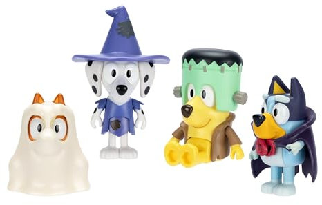 Bluey Figure 4-Packs, Halloween, 2.5 Inch Poseable Figures of Bluey, Bingo, Chloe and Lucky Dressed In Halloween Costumes, With Accessories