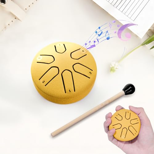 BNEHHOV Steel Tongue Drum 3 Zoll 6 Töne Zungentrommel mit Schlägeln Stahlzungentrommel Handpan Drum Percussion Instrument für Meditation Yoga Klangheilung für Anfänger und Kinder (Gold)