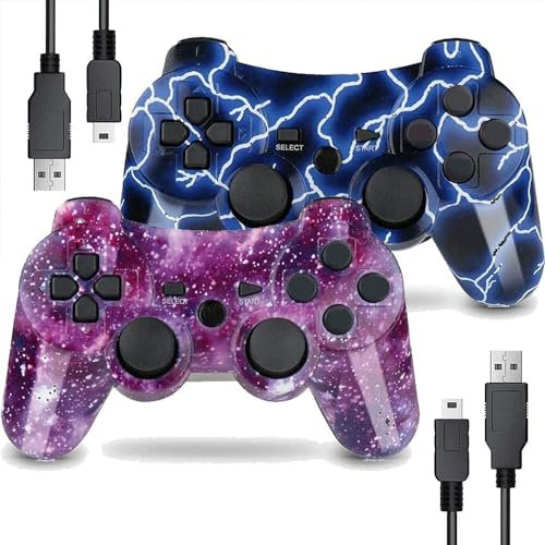 AUFGLO Retro Gaming Controller for P-S3, Wireless Move/Motion Controller Gamepad with Improved Joystick Compatible with P-S3 (Blue Lightning and Red Starry Sky)