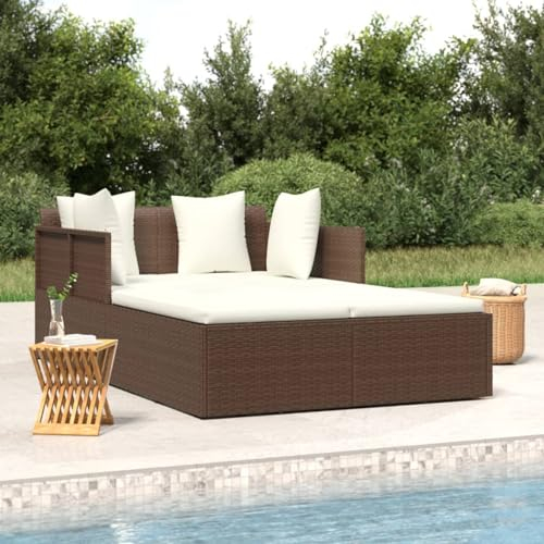 Rantry Sonnenliege mit Kissen Gartenliege Möbel Entspannungsliege Doppelliege Relaxliege Liege Rattanliege Strandliege Garten Liege für Innen & Außen Braun 182x118x63 cm Poly Rattan