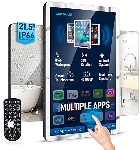 21,5 Zoll Smart Touch Screen Magic Mirror IP66 Wasserdichter Fernseher für Badezimmerdusche Spiegel – Full HD 1080P, 500 Nits, Android 11.0 kompatibel mit mehreren APPs, WiFi/LAN/USB/BT/HDMI (schwarz)