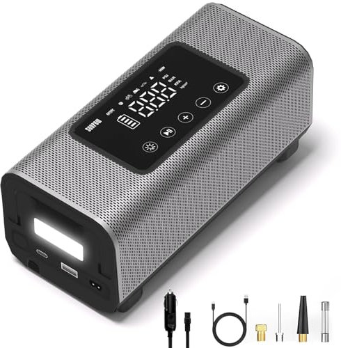 SUNPOW Tire Inflator Portable Air Compressor, 150PSI DC12V Cordless Air Pump for Car Tires, 2X Faster Inflation, Metal Dual Cylinder, with LCD Touch Display, Suitable for Pickup, SUV, Car