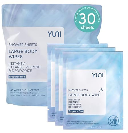 YUNI Beauty Grandes lingettes pour le corps (non parfumées, 30 pièces) super douces et humides sans douche qui nettoient et désodorisent – Nettoyant corporel sans eau en déplacement – Lingettes