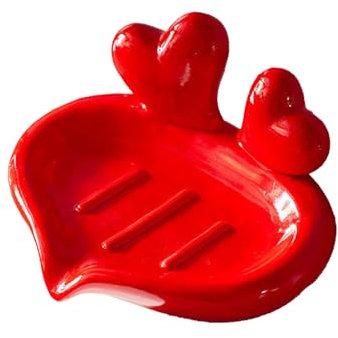 Keramik-Seifenschale mit Ablauf, Selbstentleerender Seifenhalter mit Herzdekoration, Wasserfall-Seifenschale, Seifensparer für Badezimmer, Dusche, Küchenspüle(1PCS-Rot)