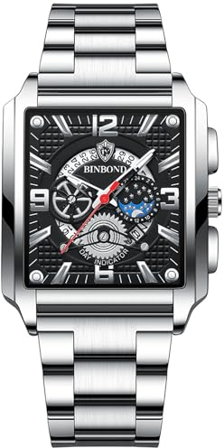 JewelryWe Herrenuhr Edelstahl Rechteckige Uhr: Herren 30m Wasserdicht Kalender Analog Quarz Armbanduhr Männer Silber Edelstahlarmband Leuchtend Geschäft Lässige Uhr mit Schwarz Eckigem Zifferblatt
