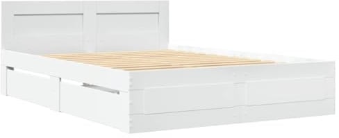 vidaXL Bettgestell, Bett mit Kopfteil, Bettrahmen mit Lattenrost, Doppelbett Schlafzimmerbett mit Stauraum, Weiß 140x200cm Holzwerkstoff