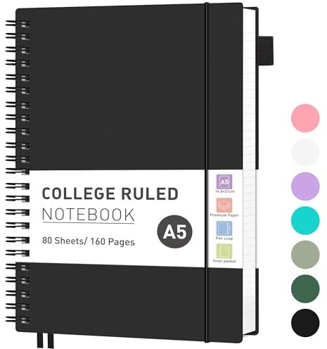 RETTACY Notizbuch A5 Liniert, Leichtgewicht Ringbuch, Tagebuch 80 Blatt / 160 Seiten Zum Schreiben, 100 G/m² College-liniertes Papier, PVC, 14.8 x 21cm - Schwarz