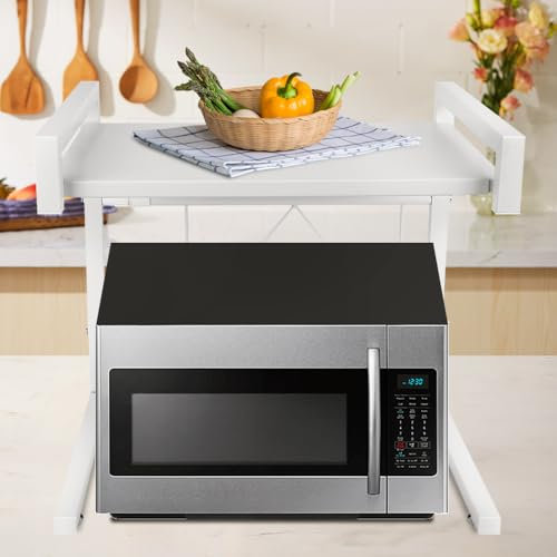HUOLE Cuisine Micro Ondes Etagere Rangement,Étagère pour Micro-Ondes à 2 Couches - Extensible - pour épices, conserves, Bouteilles, jusqu'à 25 kg (42cm (40-65cm) Blanc)