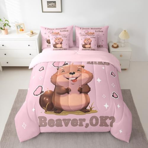 Cartoon Beaver Bedding Set King Size 7 Pcs,Cute Beaver Animals Bed Set Kawaii Wildlife Comforter Set with Sheets, Bed in a Bag with Comforter,Sheets,Pillowcases & Cushion Cover Room Decor