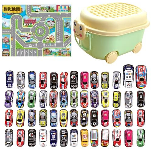 52 Pièces Minis Voitures À Retrait Petites Voitures, Petite Voiture de Course Classique BlindéE en MéTal, Lot Petites Voitures, Jouet Enfant Cascadeuse Voitures De Course Apporter Valise