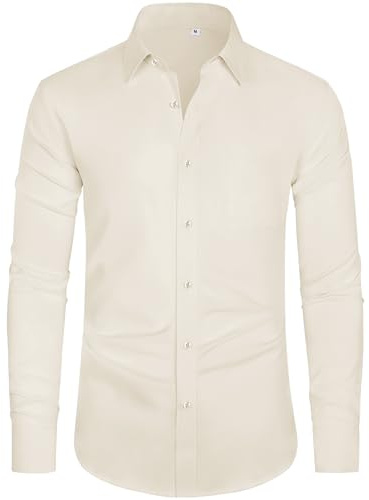 J.VER Mens Shirts Long Sleeve Cream Fashion Formal Dress 4-Way Stretch Business Smart Casual Work Button Down Shirt for Men Adult L