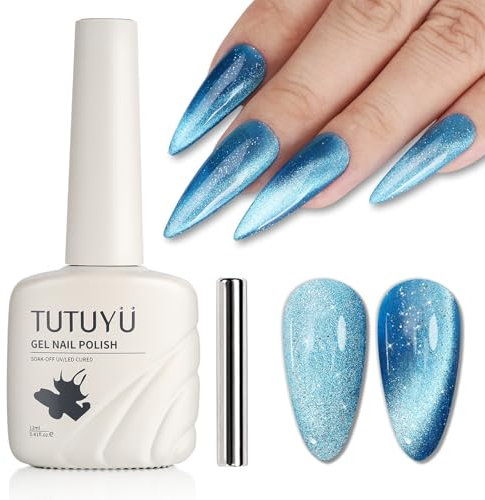 TUTUYU Blue Cat Eye Gel Nail Polish,Quicksand Galaxy Holographic Teal Blue Cateye Gel Polish with Magnet, Silver Shimmer Velvet Soak Off Uv Led Home Diy Manicure