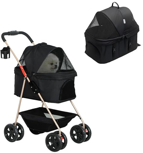 PawHut Carrito para Perros Plegable 3 en 1 Cochecito para Mascotas Carrito para Perros Miniatura con Cesta de Almacenaje Ventana de Malla Portavasos y 2 Ruedas Universales 76x50x102 cm Negro