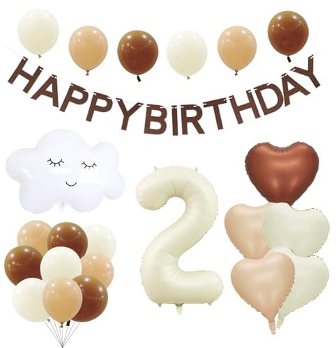 KOBOKO Luftballon 2. Geburtstag Mädchen Junge, Luftballons Beige Geburtstagsdeko 2 Jahre Mädchen, Wolken Folienballon 2 Geburtstag, Herz Helium Ballon Geburtstagsdeko 2 Jahre mit Happy Birthday Banner