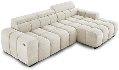 DomiMeble Ecksofa OMBO 285x168x77/97 cm, Rechte Seite Mit Schlaffunktion, Elektrisch Ausziehbarer Sitzfläche, Verstellbaren Kopfstützen, Dunklen Buchenholzfüßen, Hydrophobem Eden-Bezugstoff - Weiß