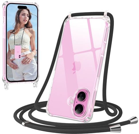 Jrkvniv Coque avec Cordon pour iPhone 16, Transparent Anti-Jaunissement Antichoc Silicone Housse Collier Réglable Téléphone Étui Portable Lanyard Case Protection Complète Cover (Noir)