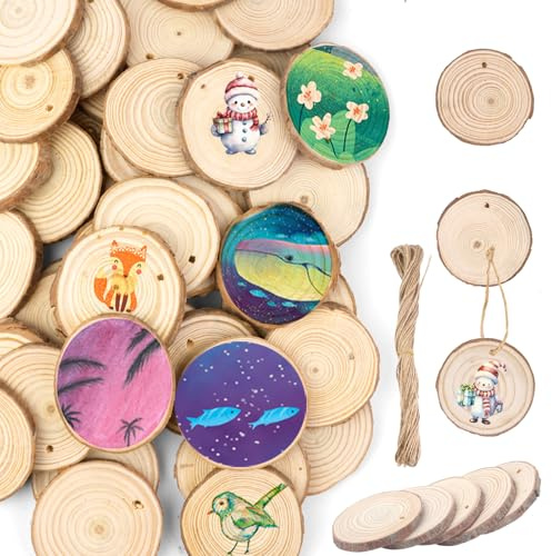 48 Stück Holzscheiben, Runde Holzscheiben zum basteln, 5mm Dicke, DIY Handwerk Holz-Scheiben, Unlackierte Holzscheibe mit Baumrinde, für DIY, Dekoration(5-6cm)