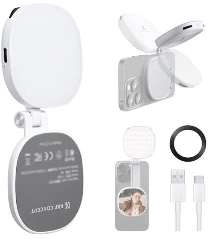 K&F CONCEPT Magnetic Phone Selfie Light, 2W 48LEDs 95+ CRI Ring Fill Light, 3000K-6500K Dimmable with Foldable Design & Mirror, 360° Rotatable for Selfie Vlog Video Conference Lighting-White
